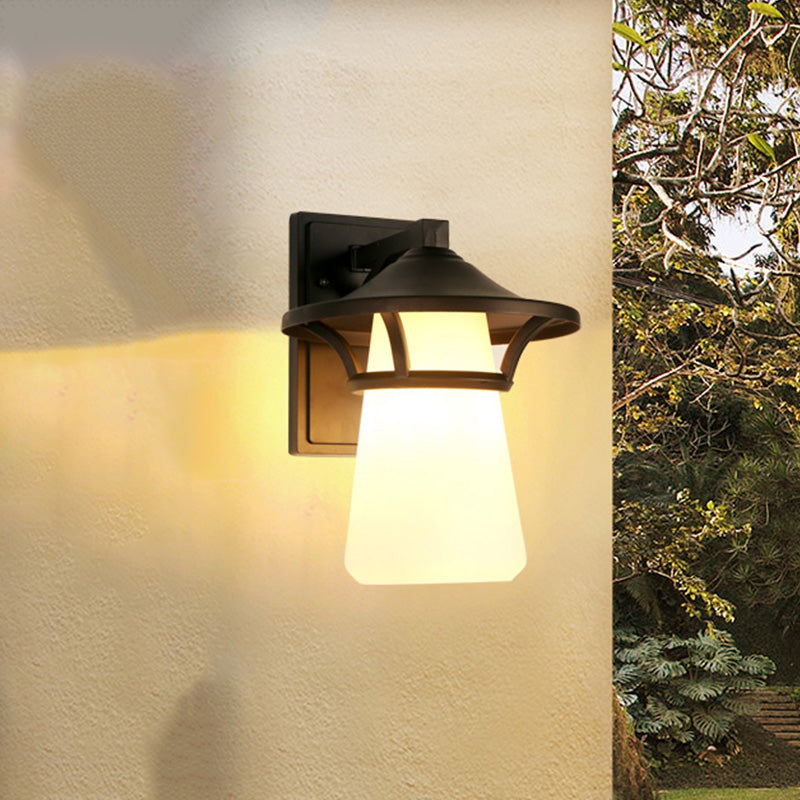 One Bulb Wall Sconce Lighting Cone/Flared Shade Bubbled/Opal Glass Industrial Entry Light Fixture in Black Clearhalo 'Art deco wall lights' 'Cast Iron' 'Glass' 'Industrial wall lights' 'Industrial' 'Middle century wall lights' 'Modern' 'Rustic wall lights' 'Tiffany' 'Traditional wall lights' 'Wall Lamps & Sconces' 'Wall Lights' Lighting' 460806