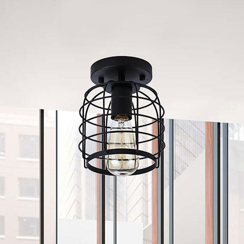 One Head Ceiling Lighting Vintage Cylindrical Cage Metal , Black for Corridor Clearhalo 'Ceiling Lights' 'Close To Ceiling Lights' 'Close to ceiling' 'Hogar' 'Iluminaci��n' 'L��mparas de Techo' 'Plafones' 'Semi-flushmount' Lighting' 464823