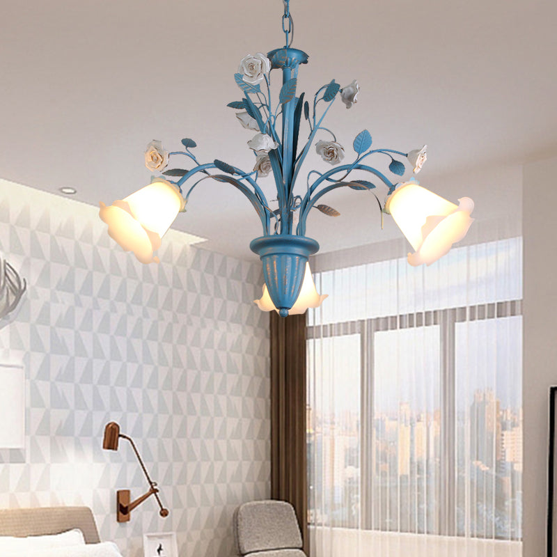 Curving Arm Opal Glass Chandelier Pastoral 3/5/6 Bulbs Living Room Flower Pendant Lighting Fixture in Blue 3 Blue Clearhalo 'Ceiling Lights' 'Chandeliers' Lighting' options 464895_cc19c4af-b2d0-470d-b281-6cb4f43fb743