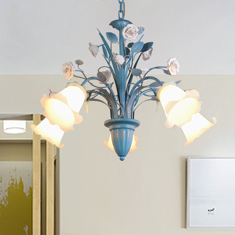 Curving Arm Opal Glass Chandelier Pastoral 3/5/6 Bulbs Living Room Flower Pendant Lighting Fixture in Blue Clearhalo 'Ceiling Lights' 'Chandeliers' Lighting' options 464900