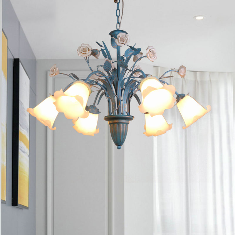 Curving Arm Opal Glass Chandelier Pastoral 3/5/6 Bulbs Living Room Flower Pendant Lighting Fixture in Blue Clearhalo 'Ceiling Lights' 'Chandeliers' Lighting' options 464904
