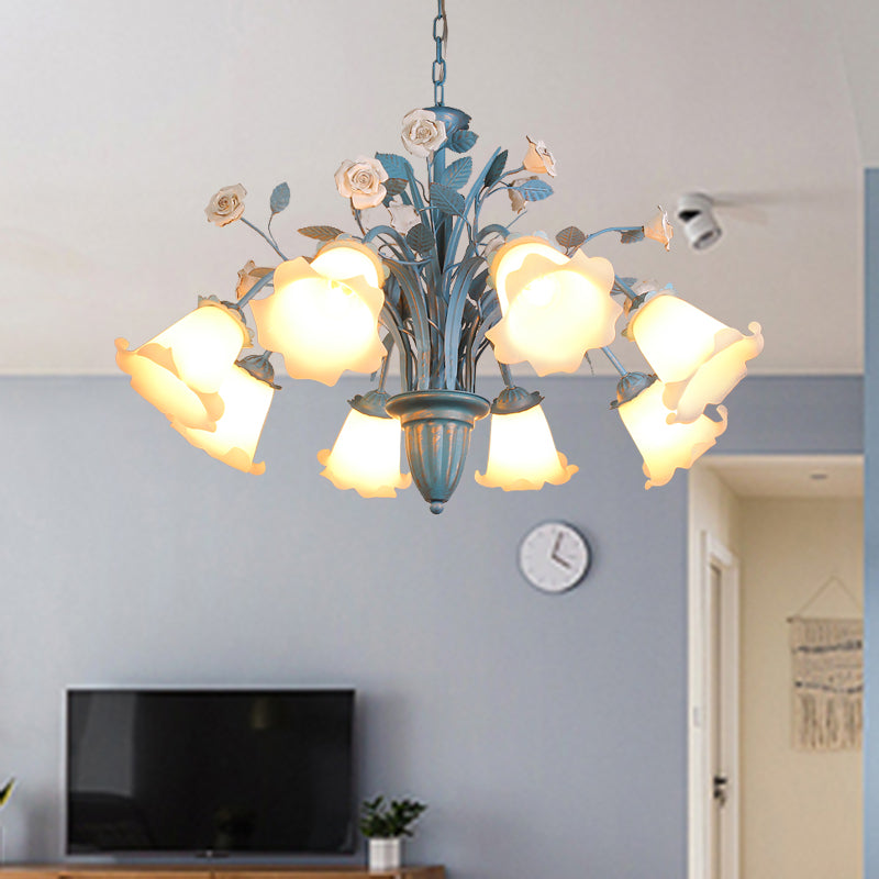 Curving Arm Opal Glass Chandelier Pastoral 3/5/6 Bulbs Living Room Flower Pendant Lighting Fixture in Blue Clearhalo 'Ceiling Lights' 'Chandeliers' Lighting' options 464908