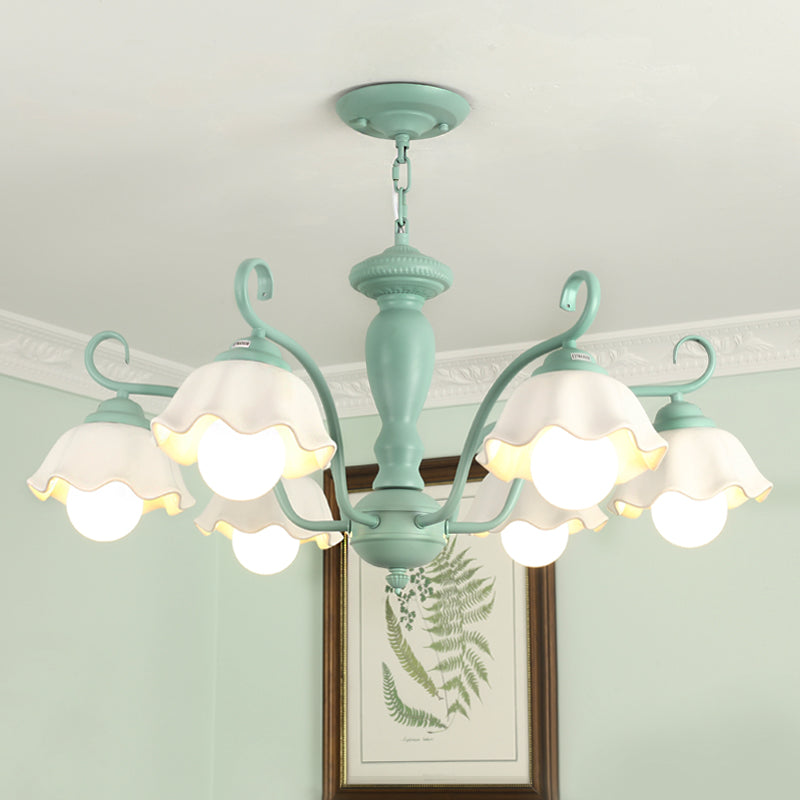 Frosted Glass Scalloped Chandelier Light Traditional 3/6/8 Lights Bedroom Ceiling Pendant in White/Pink/Green Clearhalo 'Ceiling Lights' 'Chandeliers' Lighting' options 464925