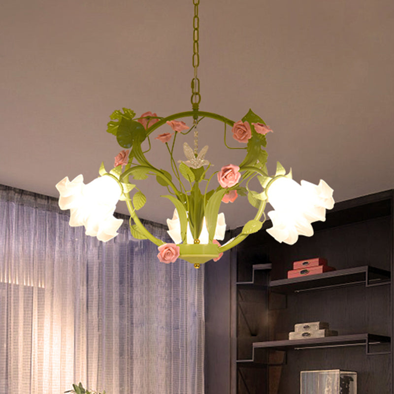 Metal Green Chandelier Lighting Circular 3/6 Heads Country Style Rose Hanging Light Fixture for Dining Room Clearhalo 'Ceiling Lights' 'Chandeliers' Lighting' options 464956