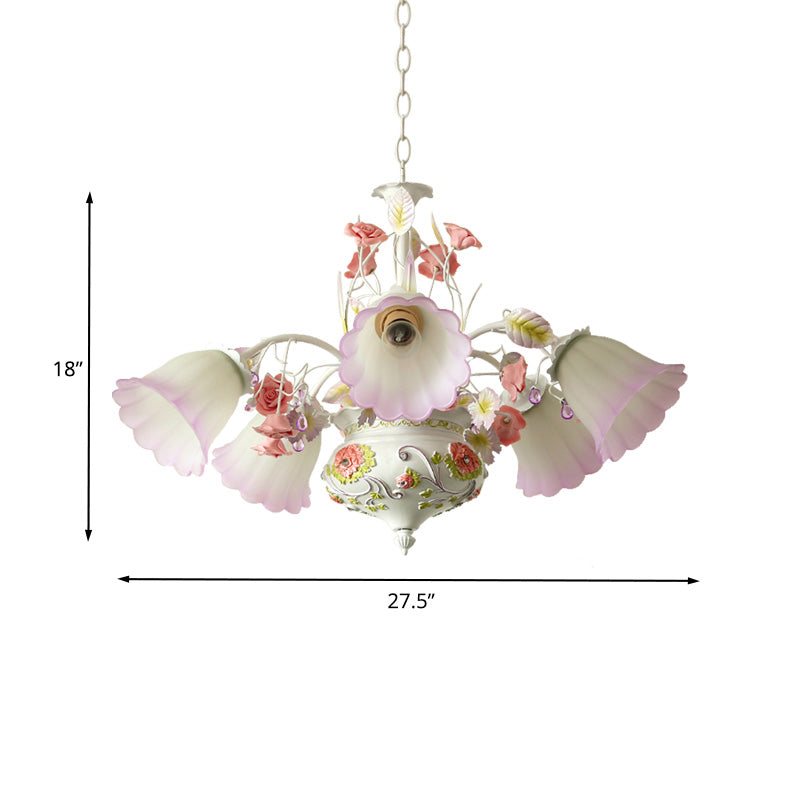 Purple and White Glass Flower Ceiling Chandelier Korean Garden 5 Bulbs Living Room LED Hanging Pendant Clearhalo 'Ceiling Lights' 'Chandeliers' 'Glass shade' 'Glass' Lighting' 465015