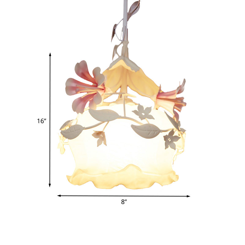 Pink Scalloped Chandelier Pendant Light Pastoral White Glass 1/3 Heads Bedroom LED Ceiling Lamp Clearhalo 'Ceiling Lights' 'Chandeliers' 'Glass shade' 'Glass' Lighting' 465047