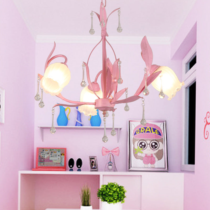 Korean Garden Floral Chandelier Light 3/6/8 Bulbs Opaline Glass LED Pendant Lighting in Pink/Green for Living Room 3 Pink Clearhalo 'Ceiling Lights' 'Chandeliers' 'Glass shade' 'Glass' Lighting' 465165