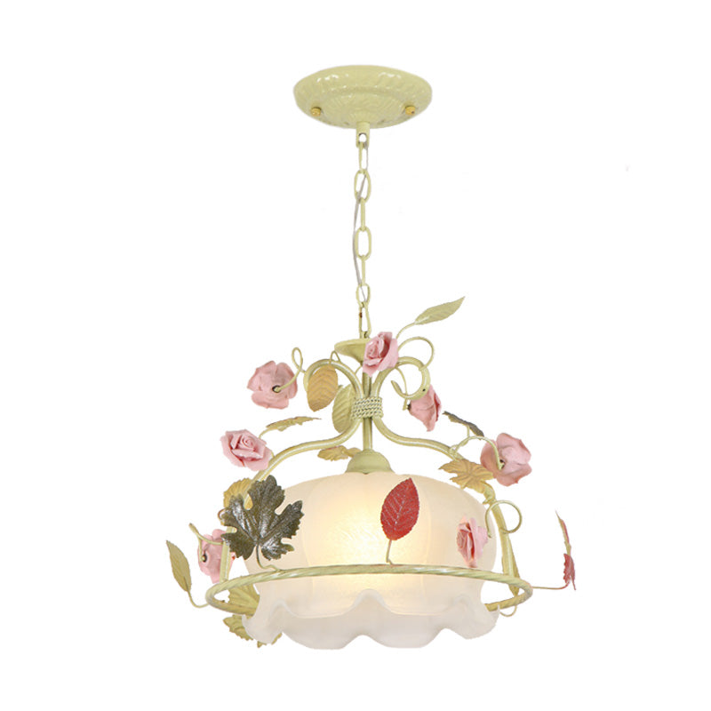 Countryside Scallop Chandelier Light Fixture 3 Bulbs Opal Glass LED Drop Pendant in White/Green for Living Room Clearhalo 'Ceiling Lights' 'Chandeliers' 'Glass shade' 'Glass' 'Island Lights' Lighting' 465275