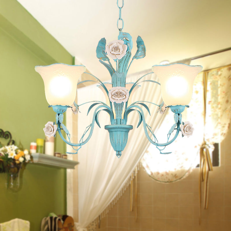 Country Flared Chandelier Lighting Fixture 3/5/7 Bulbs Metal LED Drop Pendant in Pink/Blue for Bedroom Clearhalo 'Ceiling Lights' 'Chandeliers' Lighting' options 465339