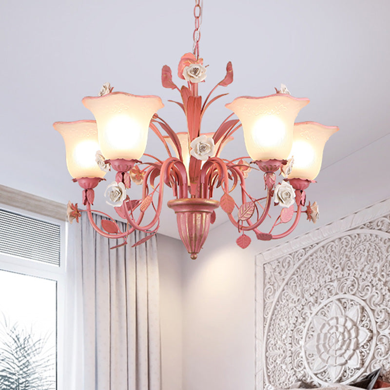 Country Flared Chandelier Lighting Fixture 3/5/7 Bulbs Metal LED Drop Pendant in Pink/Blue for Bedroom Clearhalo 'Ceiling Lights' 'Chandeliers' Lighting' options 465342