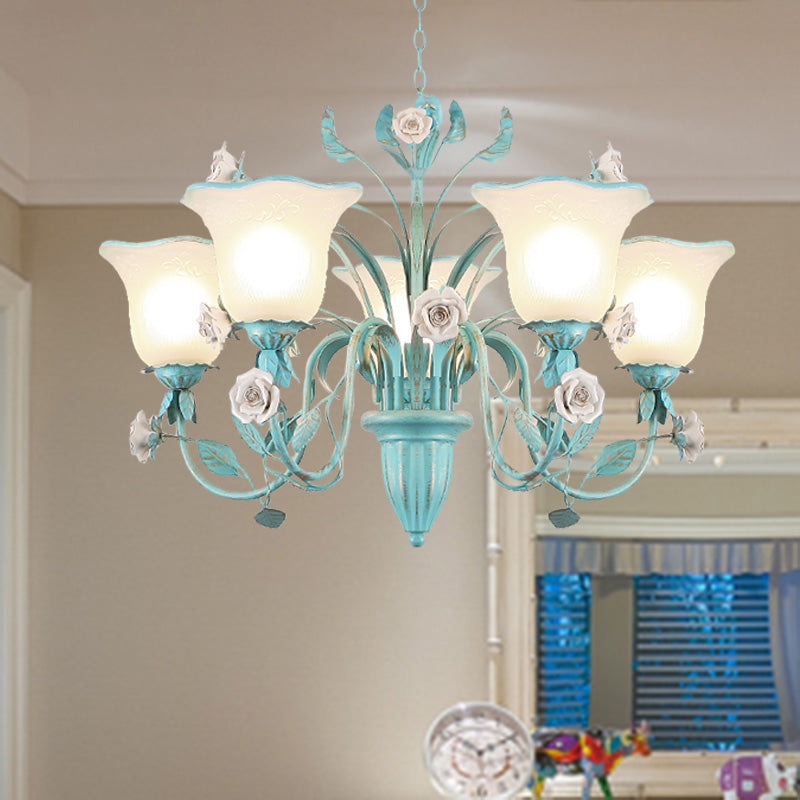 Country Flared Chandelier Lighting Fixture 3/5/7 Bulbs Metal LED Drop Pendant in Pink/Blue for Bedroom Clearhalo 'Ceiling Lights' 'Chandeliers' Lighting' options 465346