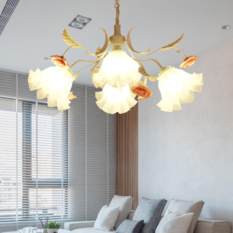Scalloped Bedroom Pendant Chandelier Pastoral Metal 4/6/9 Heads White Ceiling Suspension Lamp with Rose Decoration 4 White Clearhalo 'Ceiling Lights' 'Chandeliers' Lighting' options 465394_23e228a3-f751-4c0c-b96a-35755214c8ad
