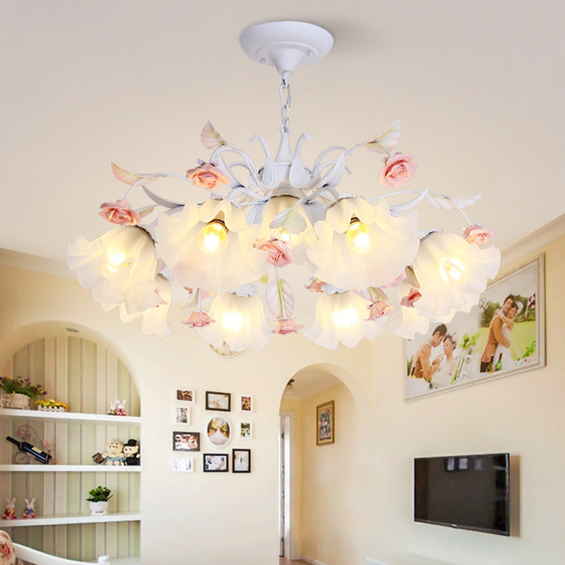 Scalloped Bedroom Pendant Chandelier Pastoral Metal 4/6/9 Heads White Ceiling Suspension Lamp with Rose Decoration 9 White Clearhalo 'Ceiling Lights' 'Chandeliers' Lighting' options 465399_538df14d-7392-472e-8873-be510af4e2c8