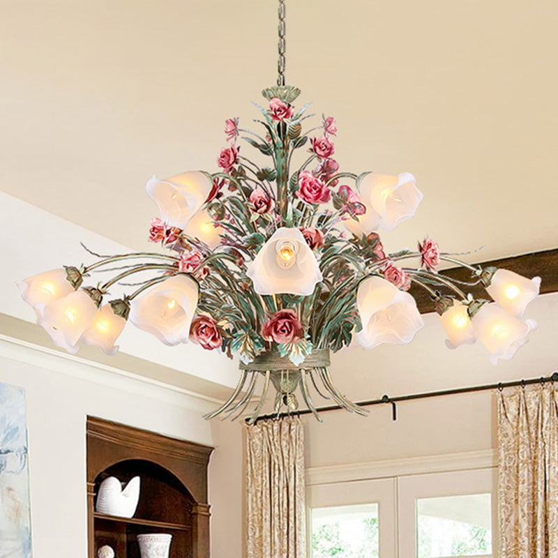 Curving Arm Metal Chandelier Lighting Country Style 16 Bulbs Living Room LED Flower Pendant Light in Green Green Clearhalo 'Ceiling Lights' 'Chandeliers' Lighting' options 465412_d753b3f7-3890-4922-b21b-abaa66ea3806