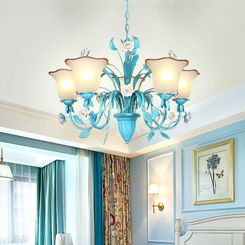 Pastoral Flared Chandelier Pendant Light 3/5/7 Heads Metal LED Suspension Lighting in Blue with Rose Decor Clearhalo 'Ceiling Lights' 'Chandeliers' Lighting' options 465440