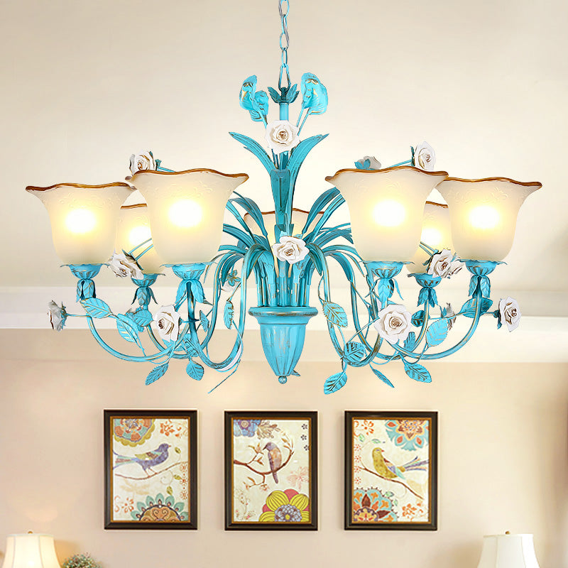 Pastoral Flared Chandelier Pendant Light 3/5/7 Heads Metal LED Suspension Lighting in Blue with Rose Decor Clearhalo 'Ceiling Lights' 'Chandeliers' Lighting' options 465443