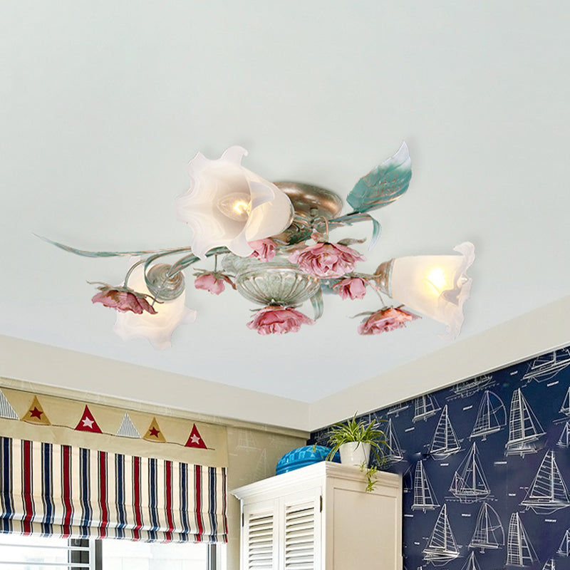 Metal Spiral Ceiling Lighting Korean Garden 3/5/8 Heads Bedroom Semi Flush Mount Light Fixture in Green with Rose 3 Green Clearhalo 'Ceiling Lights' 'Close To Ceiling Lights' 'Close to ceiling' 'Semi-flushmount' Lighting' 465772