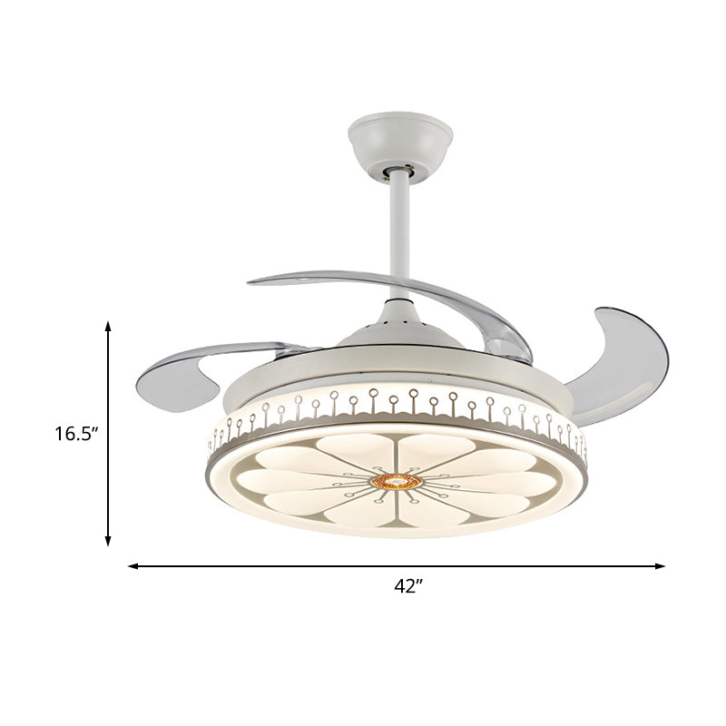 42" Wide LED Semi Flush Mount Light Simple Flower Pattern Metal Ceiling Fan Lamp in White with 4 Blades, Remote/Wall Control/Frequency Conversion and Remote Control Clearhalo 'Ceiling Fans with Lights' 'Ceiling Fans' 'Modern Ceiling Fans' 'Modern' Lighting' 466021