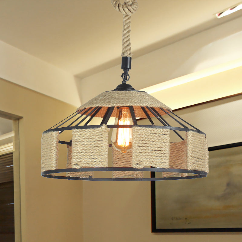 Rope Beige Hanging Light Kit Mongolian Yurts Shaped 1-Bulb 12"/16"/19.5" W Farmhouse Pendant Ceiling Lamp with Knots Cord Clearhalo 'Ceiling Lights' 'Industrial Pendants' 'Industrial' 'Middle Century Pendants' 'Pendant Lights' 'Pendants' 'Tiffany' Lighting' 466126
