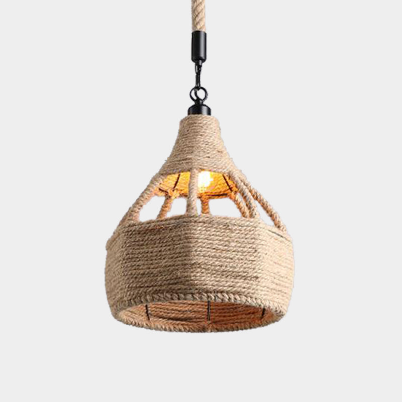 8"/15" Wide Beige 1-Bulb Ceiling Light Farmhouse Rope Onion/Hourglass Hanging Pendant Lamp for Coffee Shop Clearhalo 'Ceiling Lights' 'Industrial Pendants' 'Industrial' 'Middle Century Pendants' 'Pendant Lights' 'Pendants' 'Tiffany' Lighting' 466160