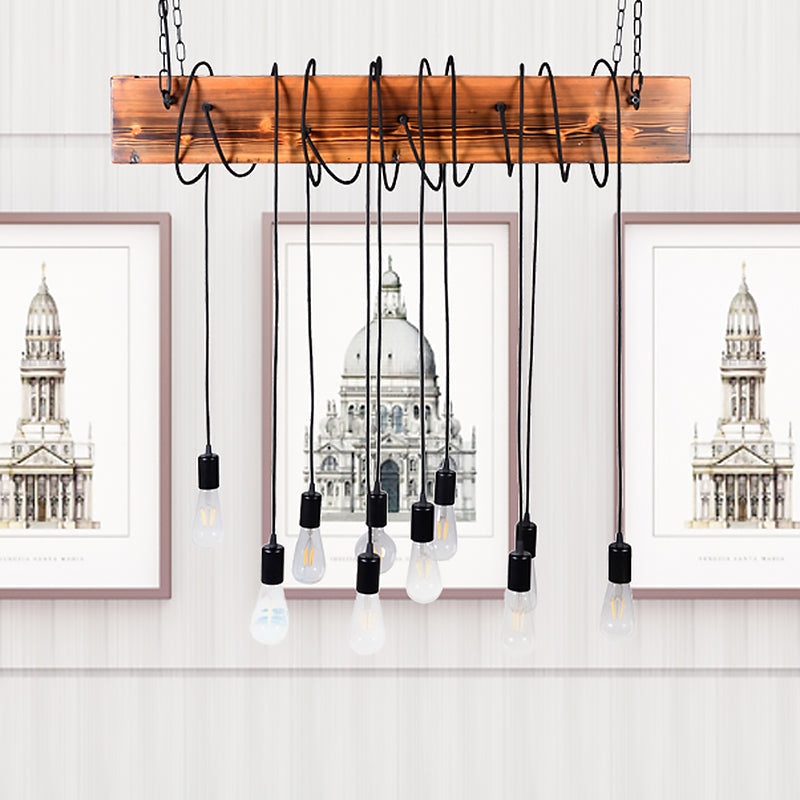 Multi Light Suspension Light Lodge Bare Bulb Metal Island Lighting with Wooden Beam and Cord/Rope in Black/Antique Brass Clearhalo 'Ceiling Lights' 'Island Lights' Lighting' 466218
