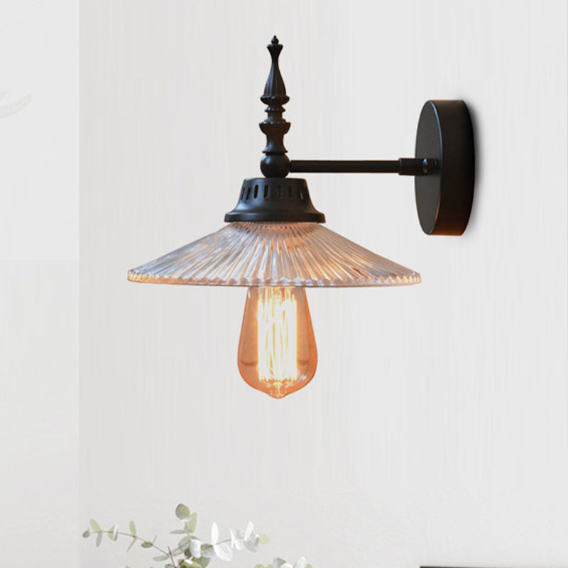 Clear/Green Glass Black Sconce Light Cone/Wide Flare 1-Light Industrial Wall Lamp Fixture for Living Room Clearhalo 'Cast Iron' 'Glass' 'Industrial wall lights' 'Industrial' 'Middle century wall lights' 'Modern' 'Tiffany' 'Traditional wall lights' 'Wall Lamps & Sconces' 'Wall Lights' Lighting' 466647
