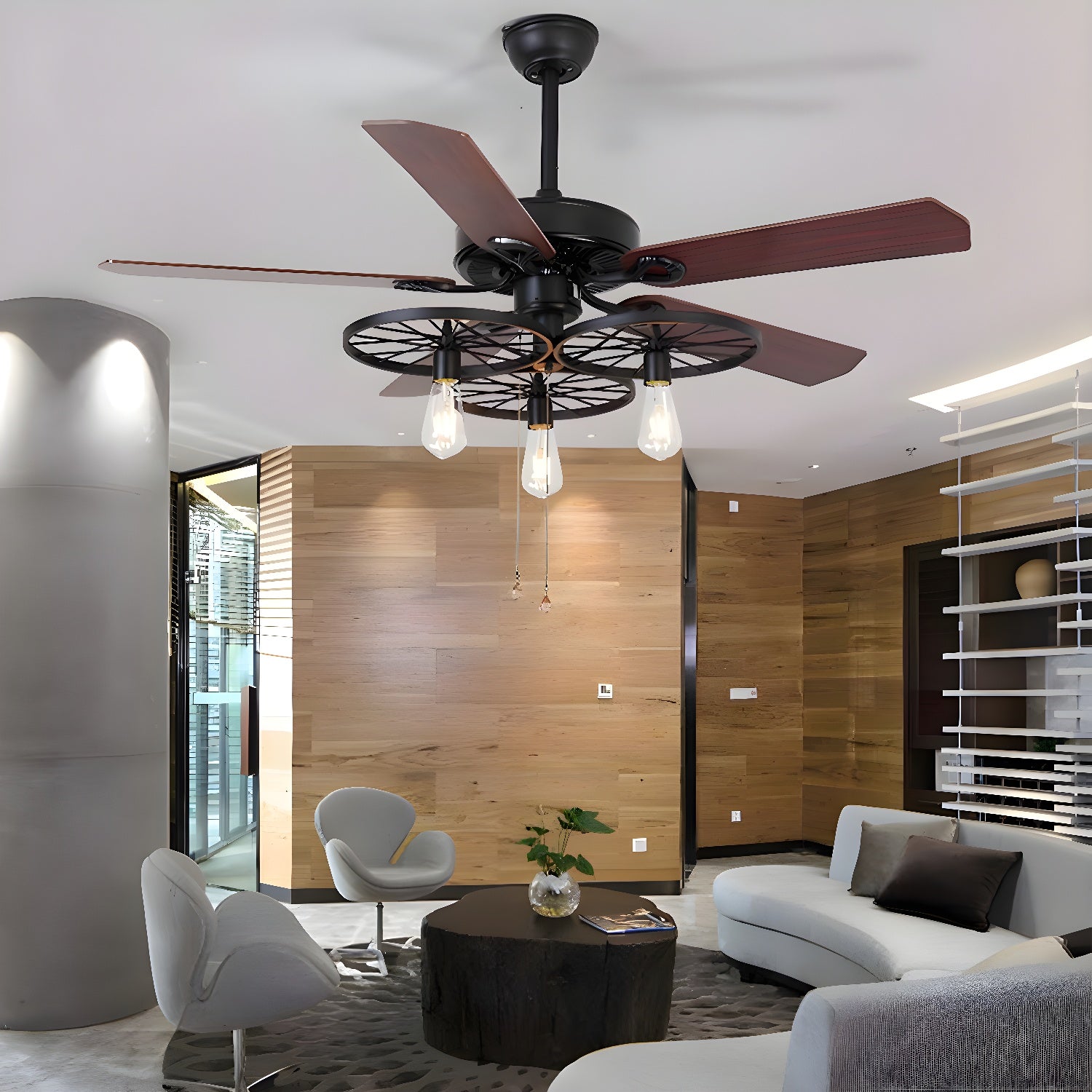 3 Lights Wheel Ceiling Fan Industrial Retro Metal Semi Flush in Black with 5 Blades Black Pull Chain Clearhalo 'Ceiling Fans with Lights' 'Ceiling Fans' 'Industrial Ceiling Fans' 'Industrial' Lighting' 466743