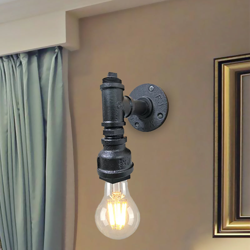 1 Light Iron Wall Sconce Lighting Industrial Black/Aged Silver Bare Bulb Indoor Wall Mounted Lamp with Water Pipe Clearhalo 'Art deco wall lights' 'Cast Iron' 'Glass' 'Industrial wall lights' 'Industrial' 'Middle century wall lights' 'Modern' 'Rustic wall lights' 'Tiffany' 'Traditional wall lights' 'Wall Lamps & Sconces' 'Wall Lights' Lighting' 467034