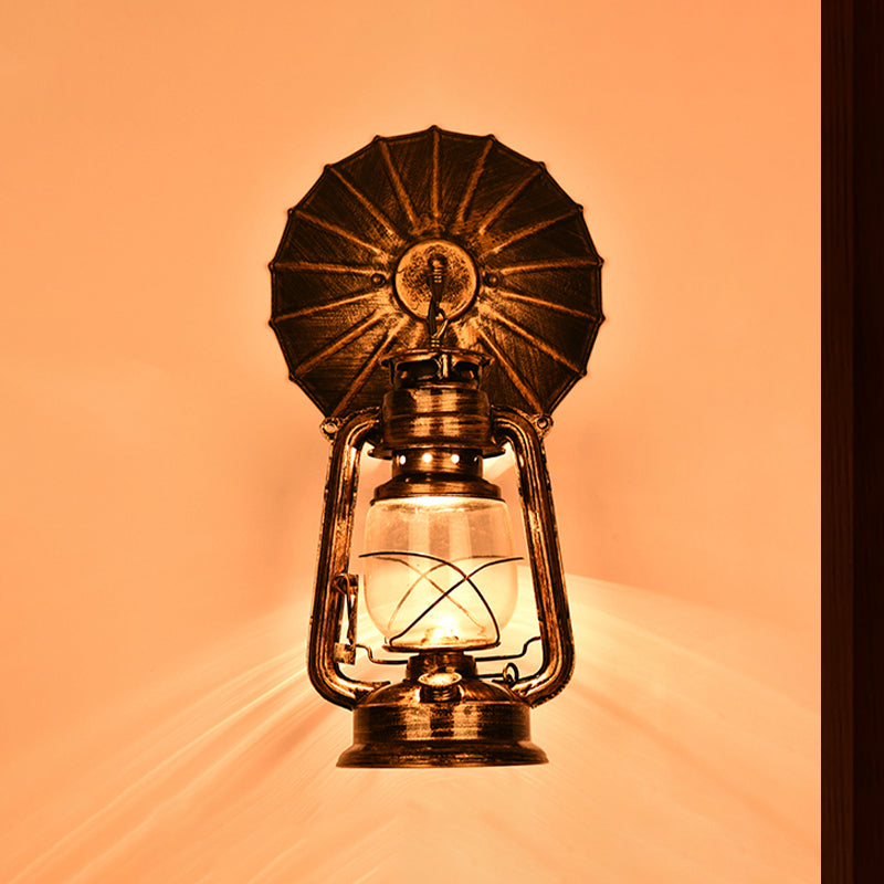 Clear Glass Rust Sconce Light Kerosene 1-Light Industrial Wall Lamp Fixture for Porch with Trumpet Clearhalo 'Art deco wall lights' 'Cast Iron' 'Glass' 'Industrial wall lights' 'Industrial' 'Middle century wall lights' 'Modern' 'Rustic wall lights' 'Tiffany' 'Traditional wall lights' 'Wall Lamps & Sconces' 'Wall Lights' Lighting' 467261