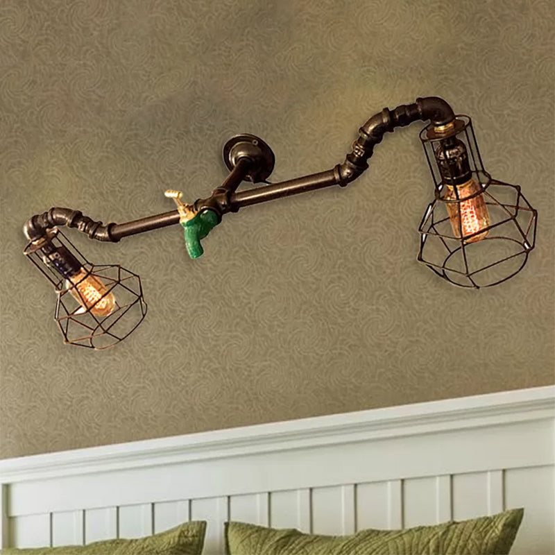 Global Caged Bedroom Wall Lamp Farmhouse Metal 2 Lights Black Sconce Lighting with Pipe and Water Tap Clearhalo 'Art deco wall lights' 'Cast Iron' 'Glass' 'Industrial wall lights' 'Industrial' 'Middle century wall lights' 'Modern' 'Rustic wall lights' 'Tiffany' 'Traditional wall lights' 'Wall Lamps & Sconces' 'Wall Lights' Lighting' 467281