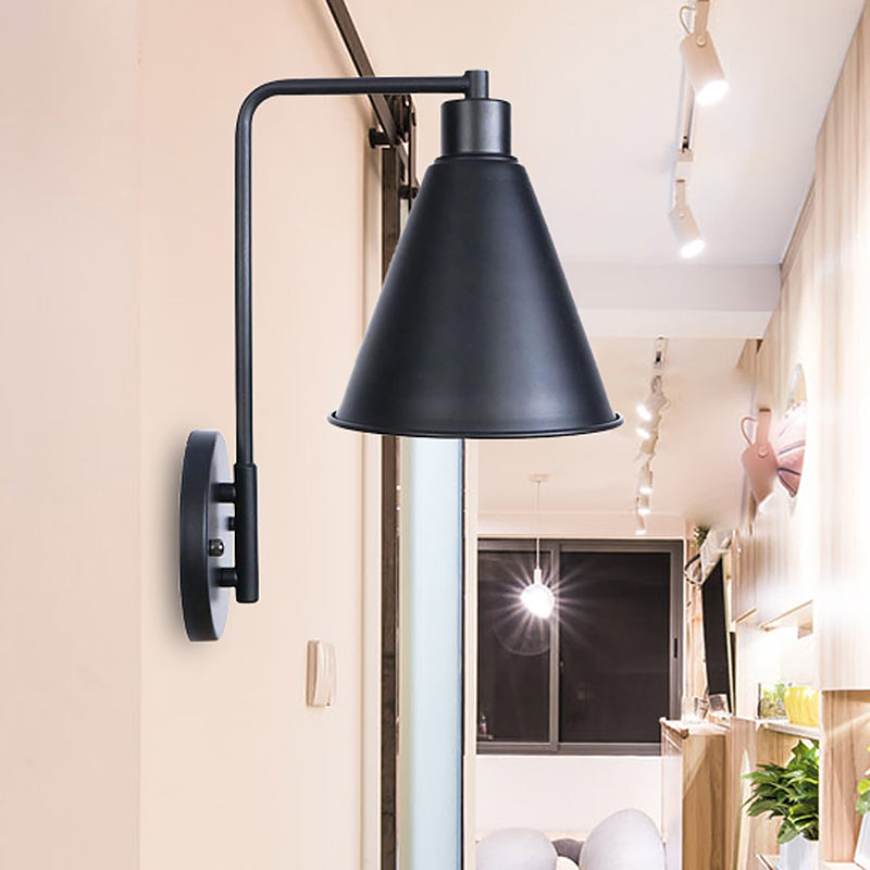 1 Bulb Conical Wall Sconce Vintage Style Black/Rust Iron Wall Mounted Lamp with Angle Arm for Farmhouse Clearhalo 'Art deco wall lights' 'Cast Iron' 'Glass' 'Industrial wall lights' 'Industrial' 'Middle century wall lights' 'Modern' 'Rustic wall lights' 'Tiffany' 'Traditional wall lights' 'Wall Lamps & Sconces' 'Wall Lights' Lighting' 467342