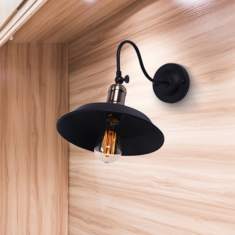 Farmhouse Barn Wall Mount Light 1 Bulb Metallic Wall Lighting with Gooseneck Arm in Black for Balcony Clearhalo 'Cast Iron' 'Glass' 'Industrial' 'Modern wall lights' 'Modern' 'Tiffany' 'Traditional wall lights' 'Wall Lamps & Sconces' 'Wall Lights' Lighting' 467343