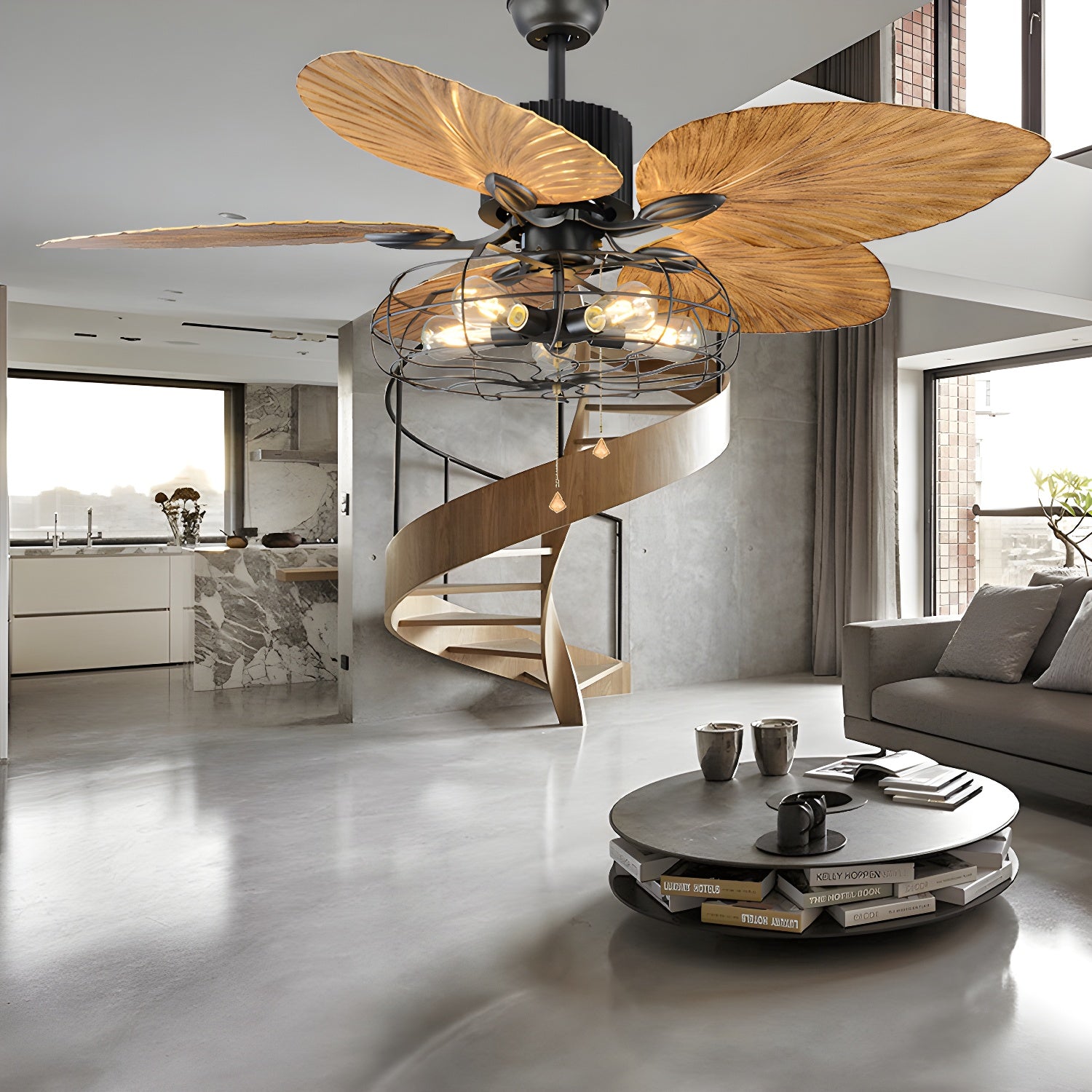 Classical Cage Style Semi Flush Mount Metal 4 Lights Ceiling Fan with Crystal Pendants in Black Black Pull Chain Clearhalo 'Ceiling Fans with Lights' 'Ceiling Fans' 'Industrial Ceiling Fans' 'Industrial' Lighting' 467457