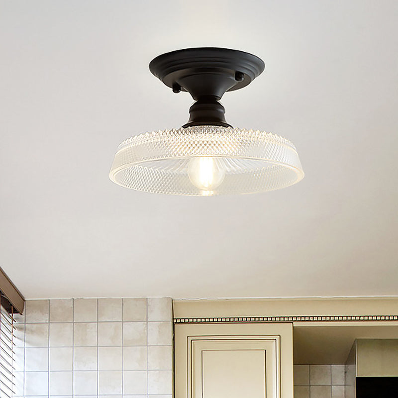 One Light Semi Flush Vintage Textured Glass Barn/Dome/Wavy Living Room Ceiling Lighting in Clear Clearhalo 'Ceiling Lights' 'Close To Ceiling Lights' 'Close to ceiling' 'Glass shade' 'Glass' 'Semi-flushmount' Lighting' 467511