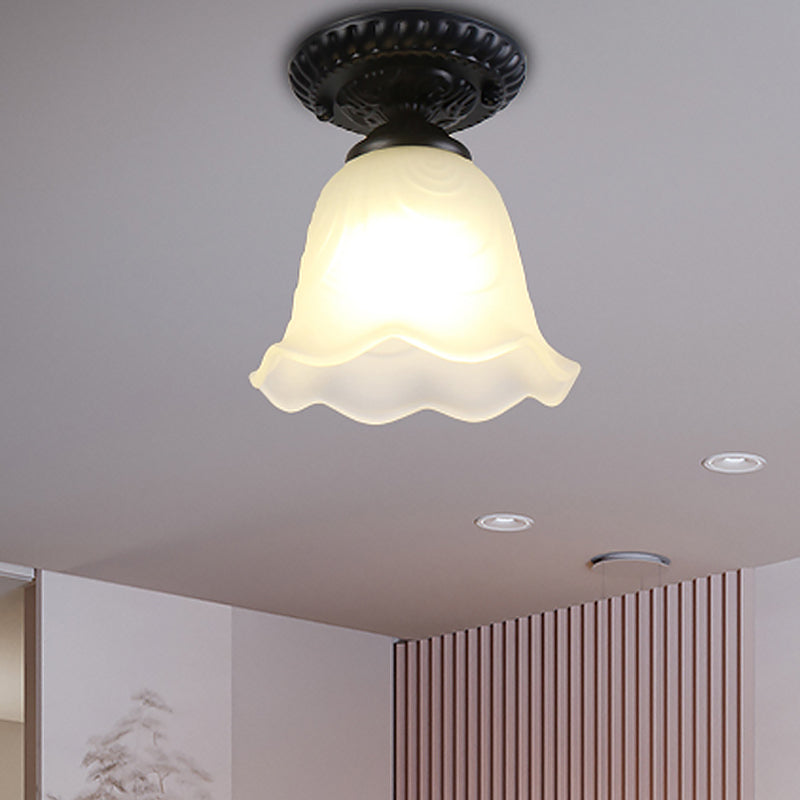 1 Light Barn/Dome/Flower Shade Semi Flush Light Industrial Milky Glass Ceiling Mount for Gallery in Black Clearhalo 'Ceiling Lights' 'Close To Ceiling Lights' 'Close to ceiling' 'Glass shade' 'Glass' 'Island Lights' 'Semi-flushmount' Lighting' 467517