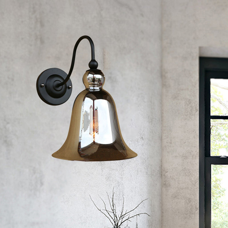 Bell Bedroom Wall Light Fixture Industrial Clear/Green/Smoked Glass 1 Light Black Sconce Lamp with Gooseneck Arm Clearhalo 'Art deco wall lights' 'Cast Iron' 'Glass' 'Industrial wall lights' 'Industrial' 'Middle century wall lights' 'Modern' 'Rustic wall lights' 'Tiffany' 'Traditional wall lights' 'Wall Lamps & Sconces' 'Wall Lights' Lighting' 467552