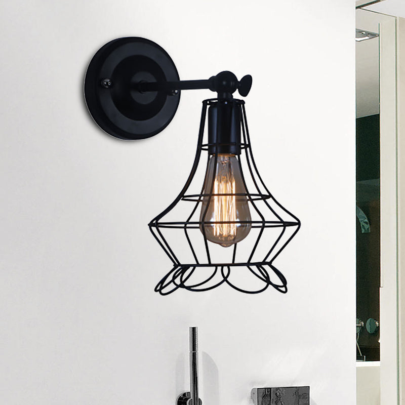 Black Barrel/Flared Cage Wall Sconce Industrial Style Metal 1 Head Living Room Rotatable Wall Mount Light Clearhalo 'Art deco wall lights' 'Cast Iron' 'Glass' 'Industrial wall lights' 'Industrial' 'Middle century wall lights' 'Modern' 'Rustic wall lights' 'Tiffany' 'Traditional wall lights' 'Wall Lamps & Sconces' 'Wall Lights' Lighting' 467801
