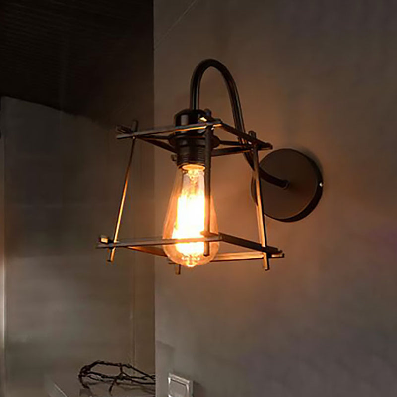 Metal Square/Diamond Cage Wall Lighting Vintage Industrial 1 Head Restaurant Wall Sconce Lighting in Black Clearhalo 'Art deco wall lights' 'Cast Iron' 'Glass' 'Industrial wall lights' 'Industrial' 'Middle century wall lights' 'Modern' 'Rustic wall lights' 'Tiffany' 'Traditional wall lights' 'Wall Lamps & Sconces' 'Wall Lights' Lighting' 467808