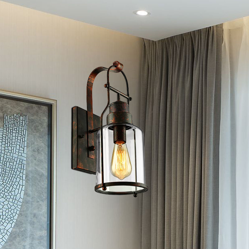 Cylinder Clear Glass Wall Mounted Lamp Industrial Single Bulb Living Room Sconce Light in Black/White/Rust with Cage Clearhalo 'Cast Iron' 'Glass' 'Industrial wall lights' 'Industrial' 'Middle century wall lights' 'Modern' 'Tiffany' 'Traditional wall lights' 'Wall Lamps & Sconces' 'Wall Lights' Lighting' 467829