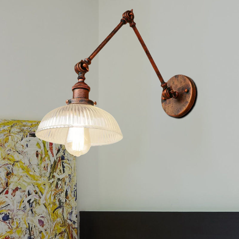 1 Light Ribbed Glass Wall Sconce Light Industrial Antique Brass/Black/Rust Dome Living Room Lighting Fixture with Swing Arm Clearhalo 'Cast Iron' 'Glass' 'Industrial wall lights' 'Industrial' 'Middle century wall lights' 'Modern' 'Tiffany' 'Traditional wall lights' 'Wall Lamps & Sconces' 'Wall Lights' Lighting' 468059