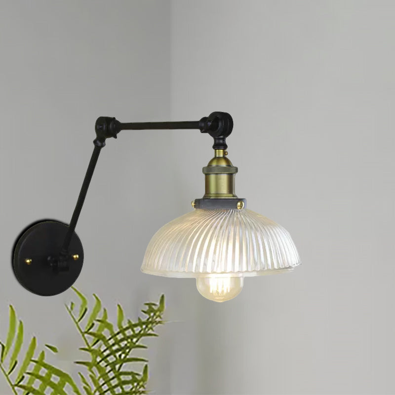 1 Light Ribbed Glass Wall Sconce Light Industrial Antique Brass/Black/Rust Dome Living Room Lighting Fixture with Swing Arm Clearhalo 'Cast Iron' 'Glass' 'Industrial wall lights' 'Industrial' 'Middle century wall lights' 'Modern' 'Tiffany' 'Traditional wall lights' 'Wall Lamps & Sconces' 'Wall Lights' Lighting' 468060