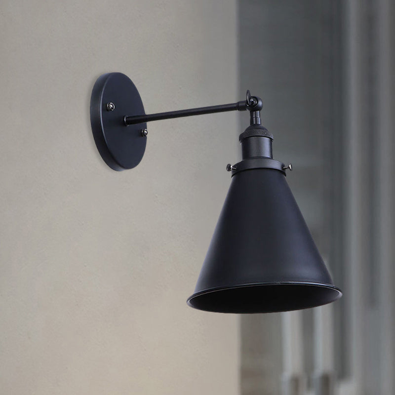 Black/Rust 1 Head Wall Lamp Farmhouse Style Wrought Iron Conical Adjustable Sconce Light Fixture for Outdoor Clearhalo 'Art deco wall lights' 'Cast Iron' 'Glass' 'Industrial wall lights' 'Industrial' 'Middle century wall lights' 'Modern' 'Rustic wall lights' 'Tiffany' 'Traditional wall lights' 'Wall Lamps & Sconces' 'Wall Lights' Lighting' 468082