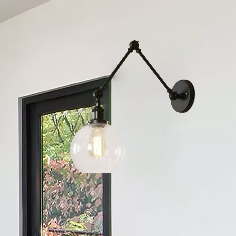 One Bulb Wall Light with Globe Shade Clear Glass Industrial Bedroom Sconce Lighting Fixture in Black/Antique Brass/Rust Clearhalo 'Cast Iron' 'Glass' 'Industrial wall lights' 'Industrial' 'Middle century wall lights' 'Modern' 'Tiffany' 'Traditional wall lights' 'Wall Lamps & Sconces' 'Wall Lights' Lighting' 468083