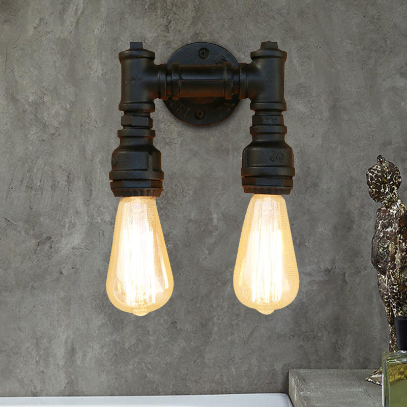 Industrial Bare Bulb Wall Sconce Lighting with Water Pipe 2 Lights Metallic Wall Mounted Lamp in Black/Antique Brass Clearhalo 'Art deco wall lights' 'Cast Iron' 'Glass' 'Industrial wall lights' 'Industrial' 'Middle century wall lights' 'Modern' 'Rustic wall lights' 'Tiffany' 'Traditional wall lights' 'Wall Lamps & Sconces' 'Wall Lights' Lighting' 468159