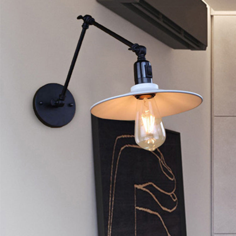 Metal Black/White Wall Sconce Swing Arm 1 Light Living Room Sconce Light Fixture with Saucer Shade Clearhalo 'Art deco wall lights' 'Cast Iron' 'Glass' 'Industrial wall lights' 'Industrial' 'Middle century wall lights' 'Modern' 'Rustic wall lights' 'Tiffany' 'Traditional wall lights' 'Wall Lamps & Sconces' 'Wall Lights' Lighting' 468190