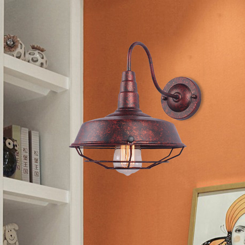10"/14" W 1 Head Caged Sconce Light with Barn Shade and Gooseneck Arm Iron Restaurant Wall Mount Light in Black/White Clearhalo 'Art deco wall lights' 'Cast Iron' 'Glass' 'Industrial wall lights' 'Industrial' 'Middle century wall lights' 'Modern' 'Rustic wall lights' 'Tiffany' 'Traditional wall lights' 'Wall Lamps & Sconces' 'Wall Lights' Lighting' 468262
