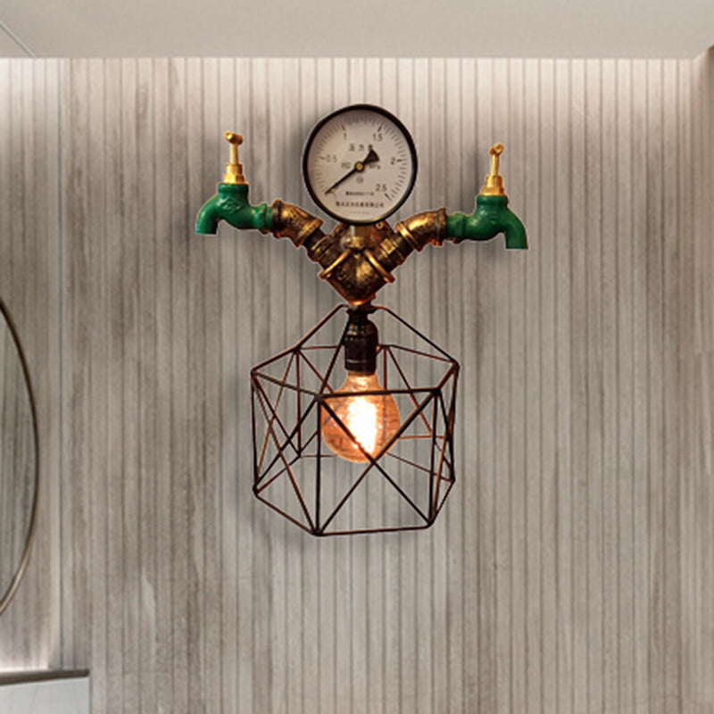 1 Bulb Hexagon Cage Wall Lighting with Faucet and Gauge Deco Industrial Antique Brass Metallic Wall Sconce Light Clearhalo 'Art deco wall lights' 'Cast Iron' 'Glass' 'Industrial wall lights' 'Industrial' 'Middle century wall lights' 'Modern' 'Rustic wall lights' 'Tiffany' 'Traditional wall lights' 'Wall Lamps & Sconces' 'Wall Lights' Lighting' 468269