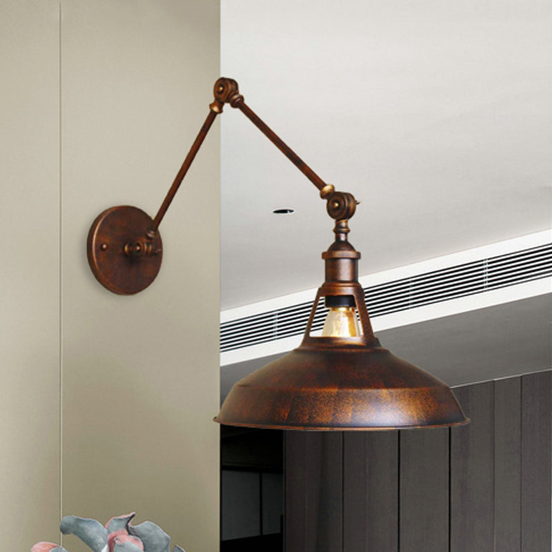 Black/Rust Barn Shade Wall Sconce Industrial Metallic 1 Light Study Room Wall Mount Light with Swing Arm Clearhalo 'Art deco wall lights' 'Cast Iron' 'Glass' 'Industrial wall lights' 'Industrial' 'Middle century wall lights' 'Modern' 'Rustic wall lights' 'Tiffany' 'Traditional wall lights' 'Wall Lamps & Sconces' 'Wall Lights' Lighting' 468285