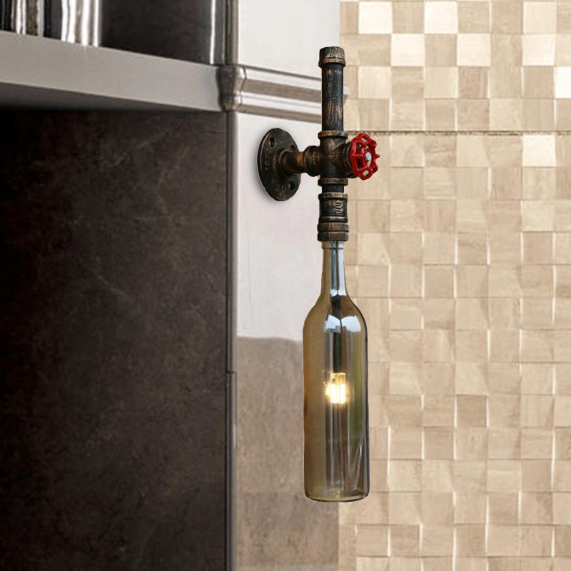 Glass Wine Bottle Wall Lighting Rustic Industrial 1 Light Restaurant Blue/Clear Wall Sconce Light with Red Valve Clearhalo 'Cast Iron' 'Glass' 'Industrial wall lights' 'Industrial' 'Middle century wall lights' 'Modern' 'Tiffany' 'Traditional wall lights' 'Wall Lamps & Sconces' 'Wall Lights' Lighting' 468366