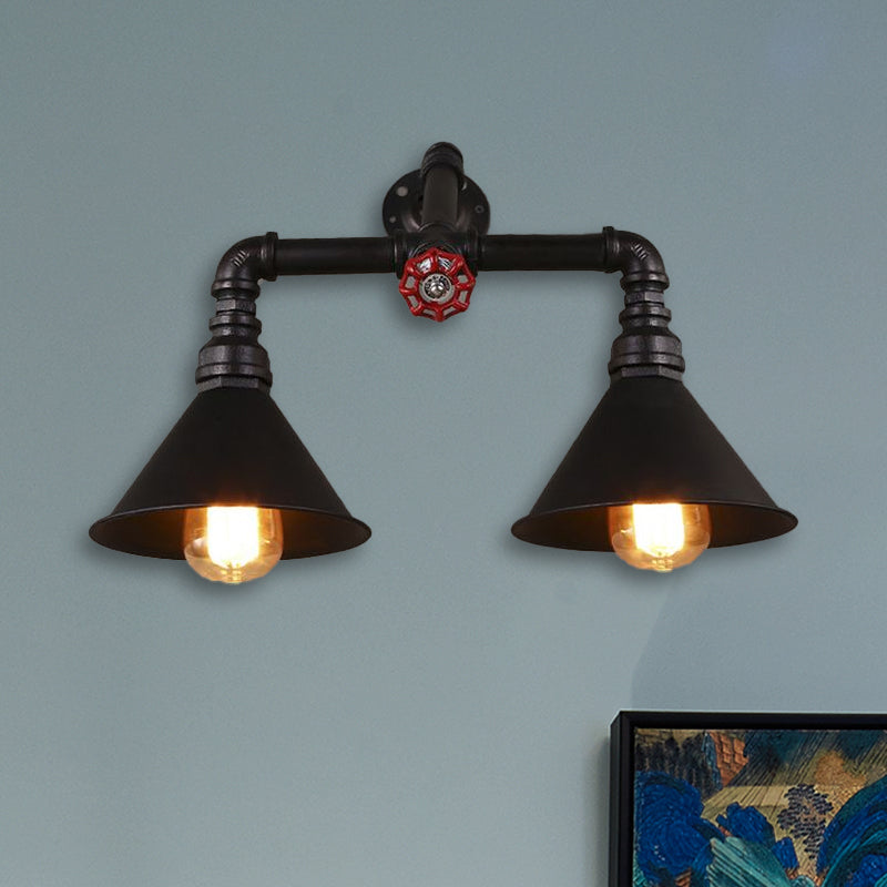 Vintage Style Cone Wall Lamp with Water Pipe 2 Lights Metallic Wall Sconce Light in Black, 14.5/18.5" Width Clearhalo 'Art deco wall lights' 'Cast Iron' 'Glass' 'Industrial wall lights' 'Industrial' 'Middle century wall lights' 'Modern' 'Rustic wall lights' 'Tiffany' 'Traditional wall lights' 'Wall Lamps & Sconces' 'Wall Lights' Lighting' 468388
